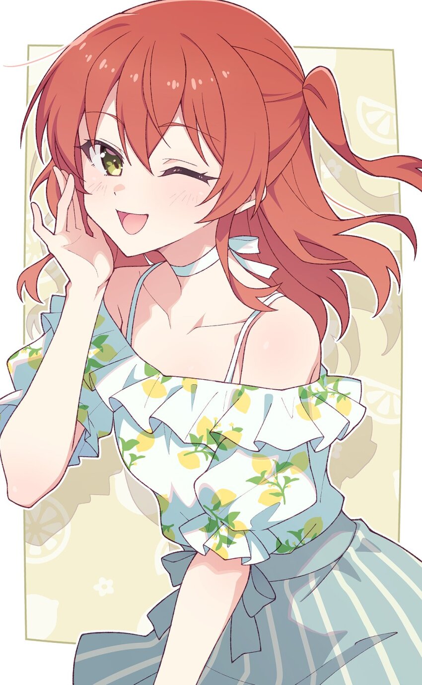 1girl blush bocchi_the_rock! border commentary e20 food_print fruit_print grey_skirt hair_between_eyes highres kita_ikuyo lemon_print long_hair looking_at_viewer off-shoulder_shirt off_shoulder one_eye_closed one_side_up open_mouth outside_border red_hair shirt skirt smile solo white_border white_shirt yellow_eyes