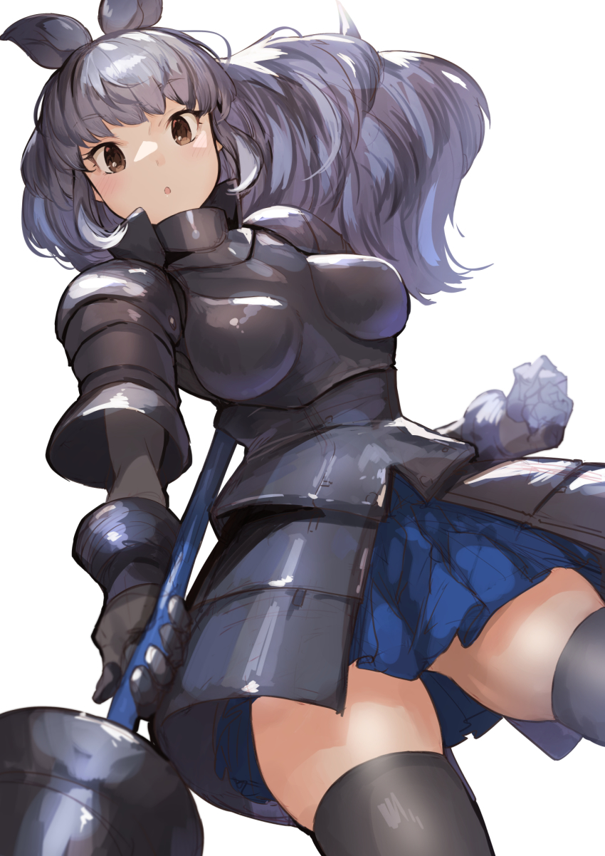1girl animal_ears armor armored_dress black_armor black_hair black_rhinoceros_(kemono_friends) black_thighhighs blue_skirt boobplate breastplate commentary_request cowboy_shot dress faulds female_focus gauntlets highres horn_lance kemono_friends koruse lance long_hair looking_at_viewer pauldrons pleated_skirt polearm rhinoceros_ears rhinoceros_girl rhinoceros_tail shoulder_armor skirt solo thighhighs weapon zettai_ryouiki