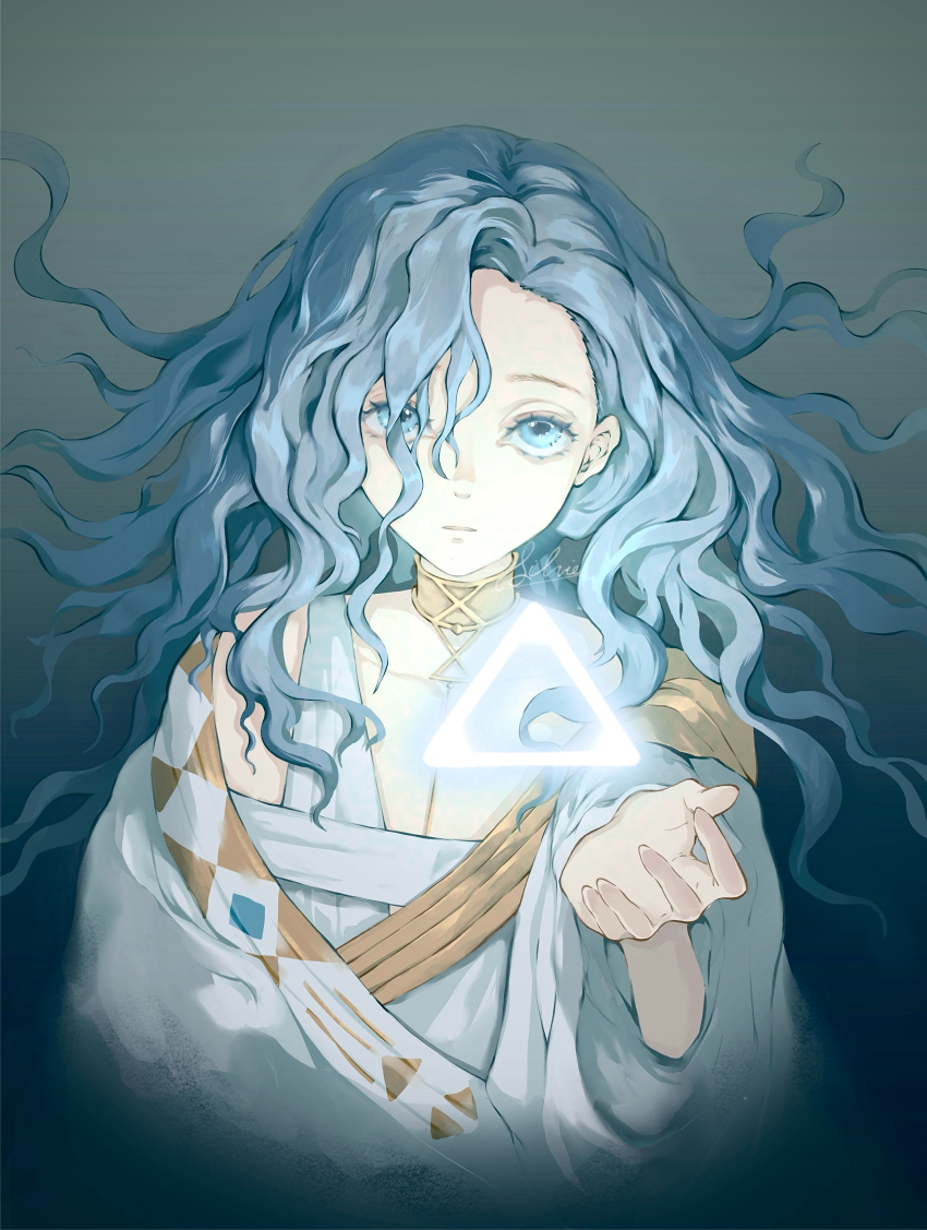 1girl 37_(reverse:1999) absurdres ancient_greek_clothes artist_name blue_background blue_eyes blue_hair closed_mouth floating_hair gold_choker greco-roman_clothes hair_between_eyes hand_up highres long_hair looking_at_viewer reverse:1999 signature silvie_(sunako95206198) solo toga triangle upper_body very_long_hair wavy_hair