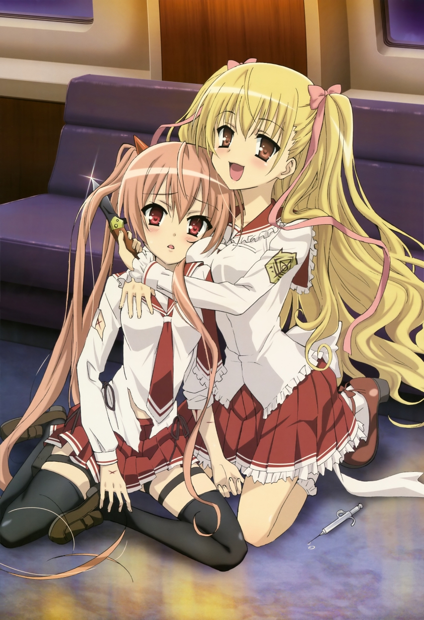 2girls absurdres black_legwear blonde_hair brown_eyes brown_hair claspknife hair_ribbon hidan_no_aria highres imoto_yuki kanzaki_h._aria kneeling knife long_hair mine_riko multiple_girls non-web_source nyantype official_art open_mouth red_eyes ribbon school_uniform serafuku socks syringe thighhighs twintails very_long_hair zettai_ryouiki
