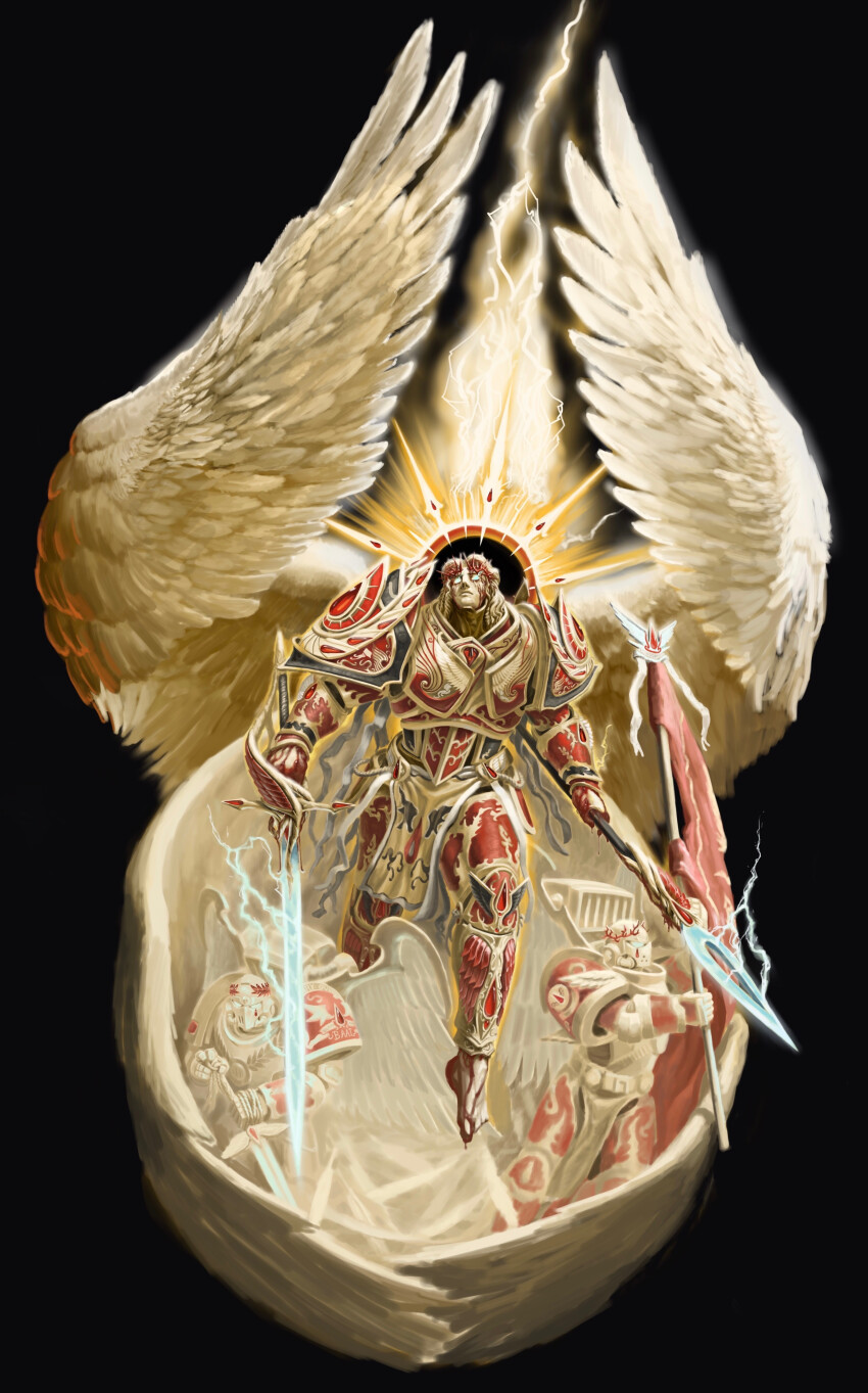 1boy absurdres adeptus_astartes angel angel_wings armor asymmetrical_dual_wielding banner barefoot battle_standard black_background blade_encarmine blonde_hair blood blood_angels blood_on_face blood_on_feet blood_on_hands blue_eyes breastplate dual_wielding energy_spear faulds full_armor gauntlets gem glowing glowing_eyes glowing_halo glowing_sword glowing_weapon gold gold_trim greaves halo highres holding holding_sword holding_weapon kim_chan laurel_crown long_hair multiple_wings pauldrons pelvic_curtain polearm power_armor power_sword primarch purity_seal red_armor red_gemstone sanguinius shoulder_armor simple_background solo_focus spear_of_telesto sword vambraces war_banner warhammer_40k weapon wings