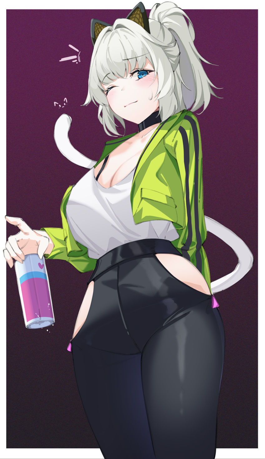 1girl absurdres animal_ears arm_behind_back black_choker blue_eyes blush breasts can cat_ears cat_tail choker cleavage closed_mouth commentary cowboy_shot english_commentary fake_animal_ears girls&#039;_frontline girls&#039;_frontline_2:_exilium gradient_background green_jacket highres hip_vent holding holding_can inset_border jacket large_breasts looking_at_viewer official_alternate_costume one_eye_closed open_clothes open_jacket pants peritya_(born_huntress)_(girls&#039;_frontline_2) peritya_(girls&#039;_frontline_2) purple_background shirt simple_background solo sweatdrop tail tight_clothes tight_pants ungjun7568 white_shirt