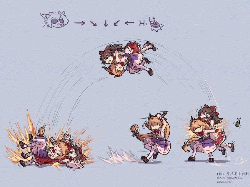 2girls absurdres antonov_(kof) bow brown_hair detached_sleeves fighting_game hair_bow hakurei_reimu highres horns ibuki_suika long_hair multiple_girls nero_augustus nontraditional_miko oni oni_horns purple_skirt red_bow red_skirt shirt skirt sleeveless sleeveless_shirt the_king_of_fighters touhou very_long_hair white_shirt wrestling wrist_cuffs