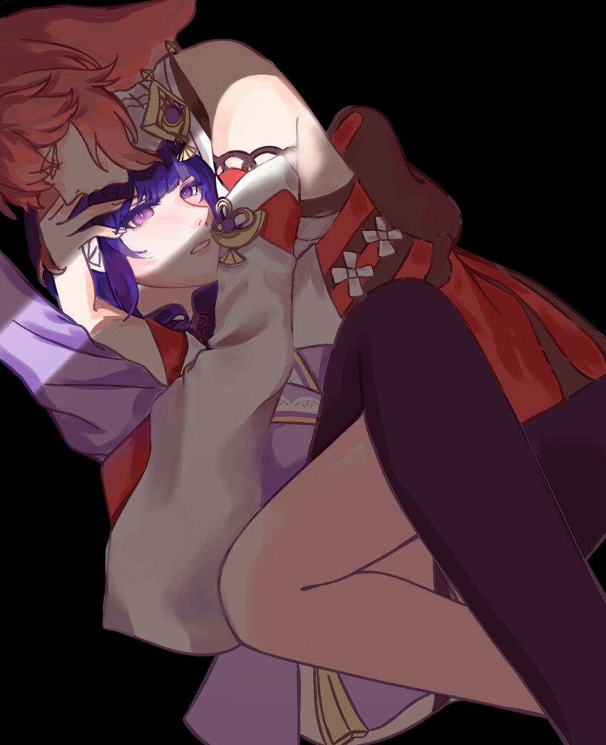 2girls animal_ears black_background closed_eyes commentary crack_of_light detached_sleeves dress english_commentary fox_ears genshin_impact highres hug japanese_clothes kimono multiple_girls parted_lips pink_hair purple_eyes purple_hair purple_kimono purple_thighhighs raiden_shogun simple_background thighhighs white_dress xinyi_art yae_miko yuri