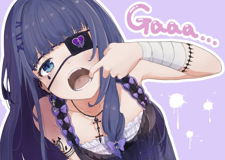 1girl aiba_uiha bad_id bad_twitter_id bandages blue_eyes cino_(amairoka) earrings eyepatch finger_in_own_mouth goth_fashion hair_ornament inactive_account jewelry necklace nijisanji purple_hair sharp_teeth solo tattoo teeth tongue virtual_youtuber