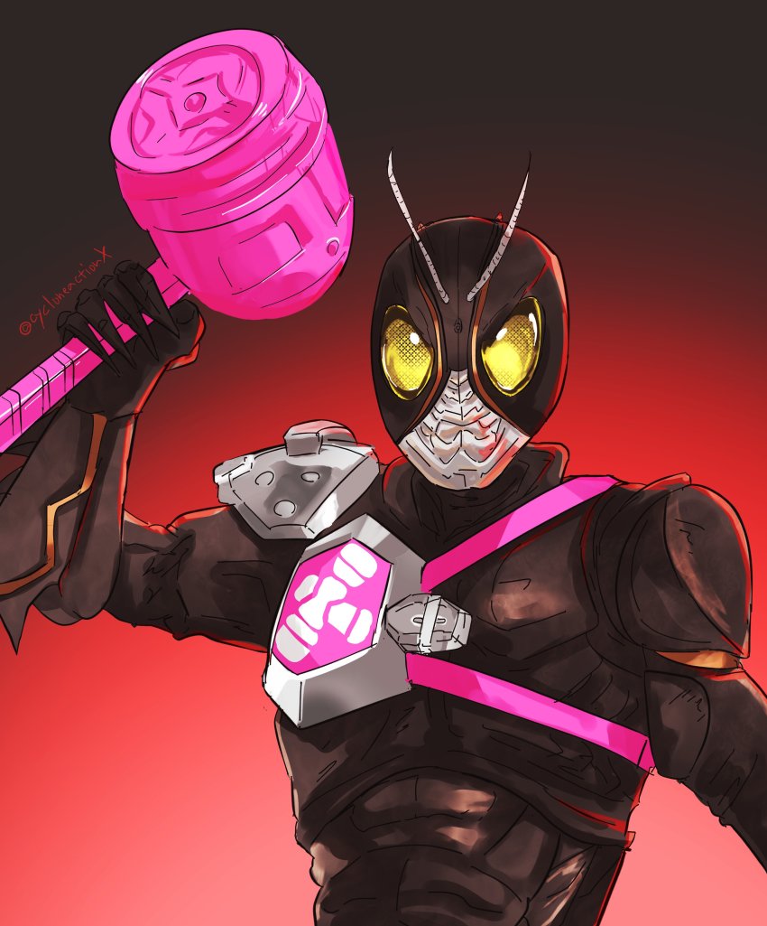 1boy absurdres armor black_armor black_background black_bodysuit bodysuit bug company_connection cycloneactionx gradient_background grasshopper hammer highres holding holding_weapon in-franchise_crossover insect kamen_rider kamen_rider_black_sun kamen_rider_black_sun_(series) kamen_rider_geats_(series) looking_at_viewer male_focus minami_koutarou_(black_sun) raise_hammer red_background single_shoulder_pad twitter_username two-tone_background upper_body weapon