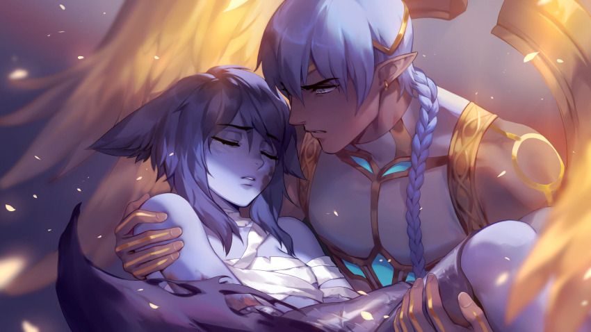 1boy 1girl artist_request bandages blue_hair blue_skin braid carrying carrying_person check_artist closed_eyes colored_skin dark-skinned_male dark_skin ein_lee erasmus_(tevi) game_cg highres long_hair non-web_source parted_lips pointy_ears tevi