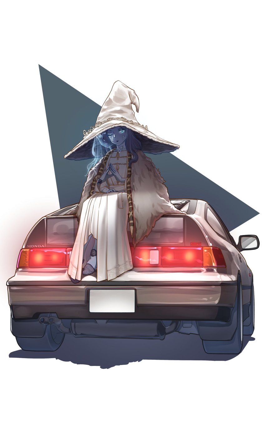 1girl anachronism blue_eyes blue_hair blue_skin car colored_skin commission doll_joints elden_ring full_body hat highres honda_accord joints long_hair motor_vehicle on_car one_eye_closed patatatan ranni_the_witch sitting solo vehicle_focus white_car witch_hat