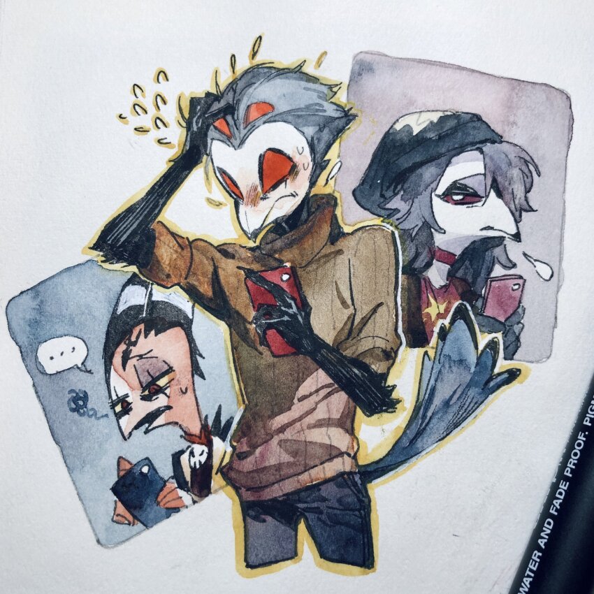 1girl 2boys beak bird_boy black_pants blitzo_(helluva_boss) blush brown_sweater choker demon_boy demon_horns extra_eyes grey_hair hand_on_own_head helluva_boss highres holding holding_phone horns multiple_boys octavia_(helluva_boss) outline owl_boy pants phone red_choker red_eyes stolas_(helluva_boss) sweat sweater traditional_media turtleneck turtleneck_sweater wraith615 yellow_outline