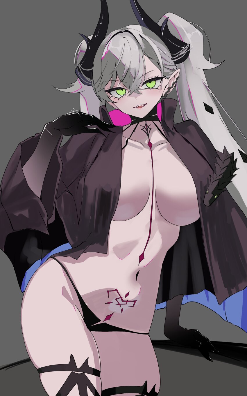 1girl absurdres black_cloak black_hands black_panties blush body_markings breasts cloak colored_extremities crossed_bangs demon_girl demon_horns fate/grand_order fate_(series) green_eyes grey_hair highres horns large_breasts lilith_(fate) lilith_(second_ascension)_(fate) long_hair looking_at_viewer navel open_mouth panties s4ika smile solo stomach_tattoo tattoo twintails underwear