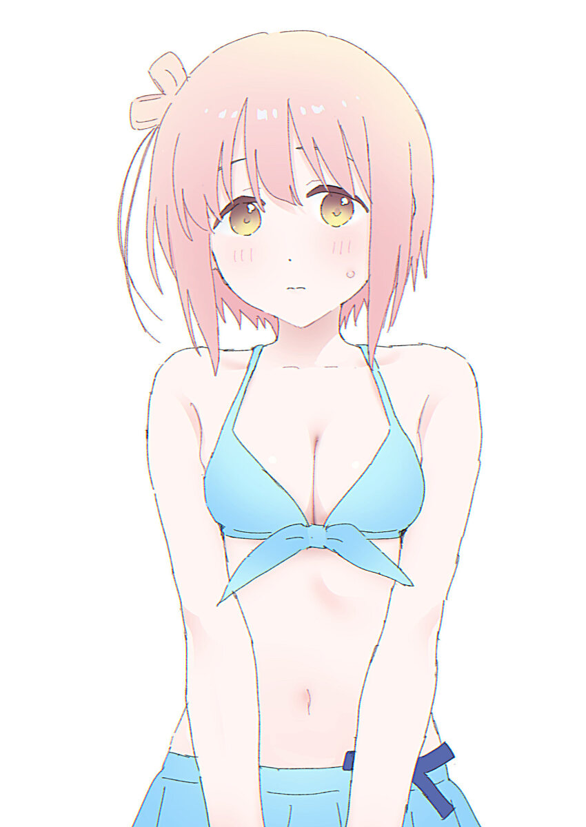 1girl 3: bikini bikini_skirt blue_bikini blush breasts cleavage front-tie_bikini_top front-tie_top highres ichinose_hana medium_breasts mikazuchi_zeus navel pink_hair short_hair simple_background slow_start small_sweatdrop solo swimsuit upper_body white_background yellow_eyes
