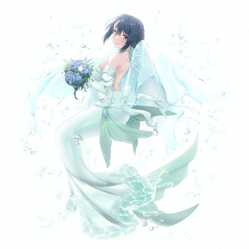 1girl awono_nanaumi back blue_flower bouquet braid bridal_veil bride bubble commentary commentary_request dress elbow_gloves fins flower fukami_nana_(awono_nanaumi) gloves green_gloves hair_flaps highres holding holding_bouquet looking_at_viewer mermaid mermaid_out_of_environment monster_girl original side_braid solo strapless strapless_dress underwater veil watermark wedding_dress