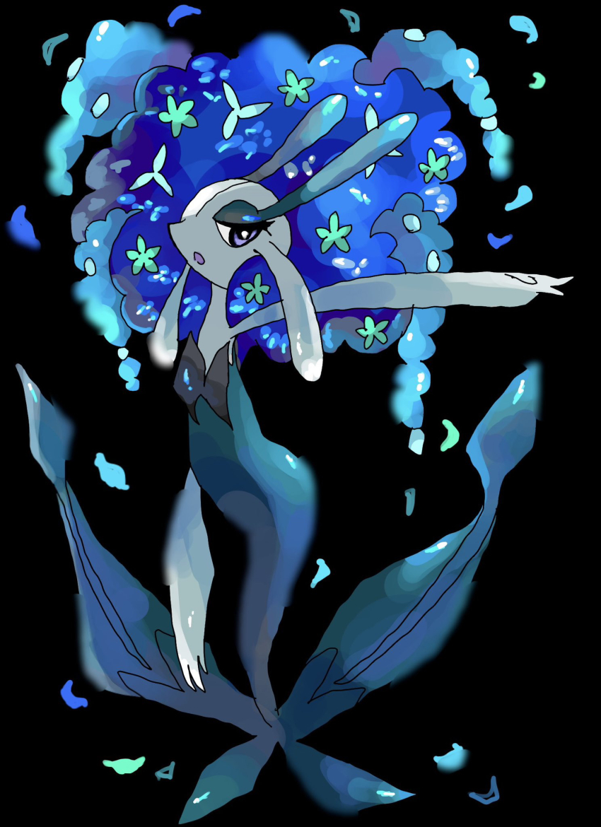 1girl black_background blue_eyes blue_petals florges florges_(blue_flower) full_body gen_6_pokemon half-closed_eyes highres mariin_(mrn_8_8) monster_girl nintendo open_mouth petals plant_girl pokemon pokemon_(creature) simple_background solo