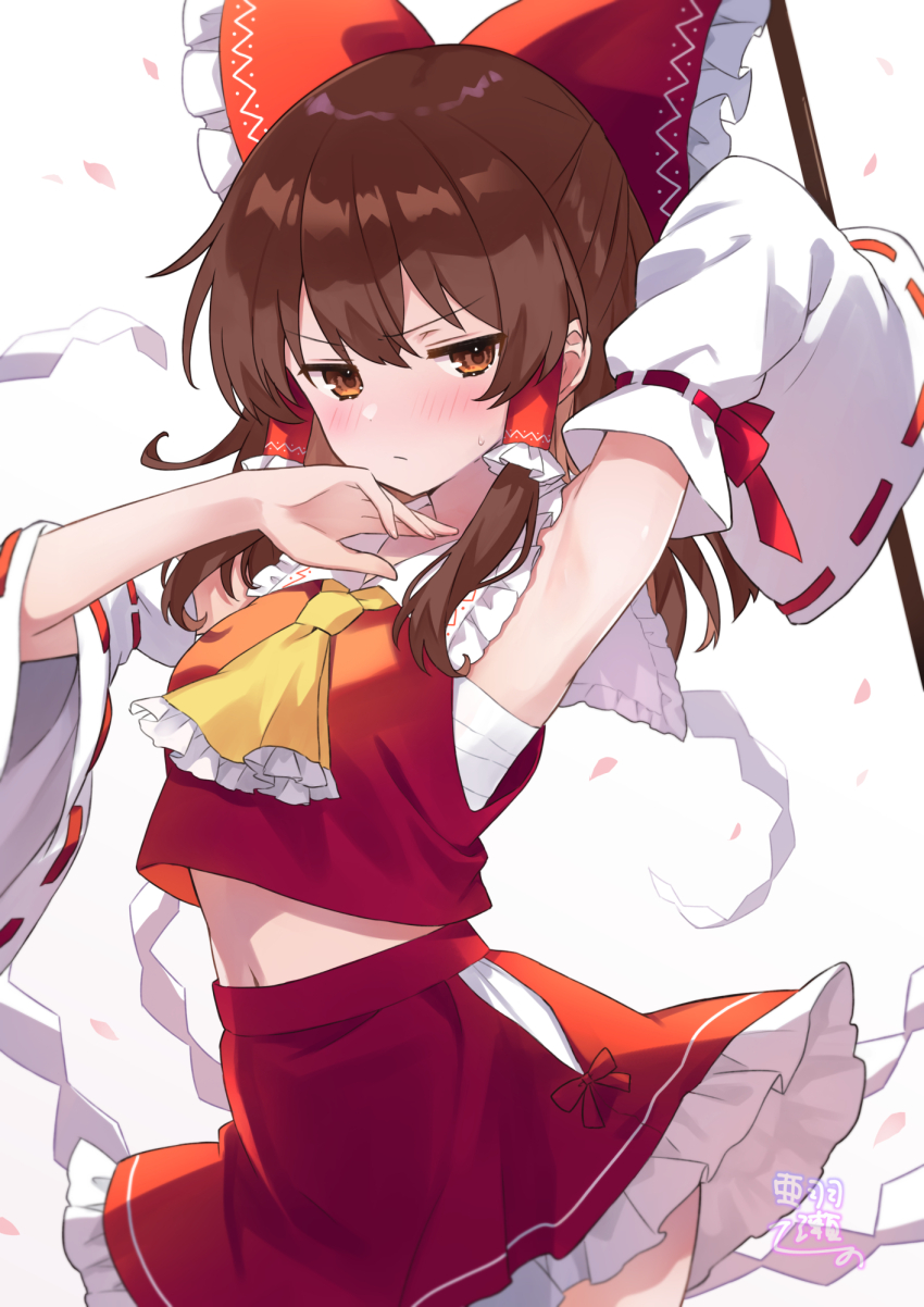 1girl ahase_hino arm_up armpits ascot bare_shoulders blush bow brown_eyes brown_hair closed_mouth collared_shirt commentary_request cowboy_shot detached_sleeves frilled_ascot frilled_bow frilled_hair_tubes frilled_skirt frills gohei hair_bow hair_tubes hakurei_reimu hand_up highres long_hair looking_at_viewer midriff_peek navel presenting_armpit red_bow red_shirt red_skirt ribbon-trimmed_sleeves ribbon_trim shirt sidelocks signature simple_background skirt skirt_set sleeveless sleeveless_shirt solo sweatdrop touhou v-shaped_eyebrows white_background white_sleeves wide_sleeves yellow_ascot