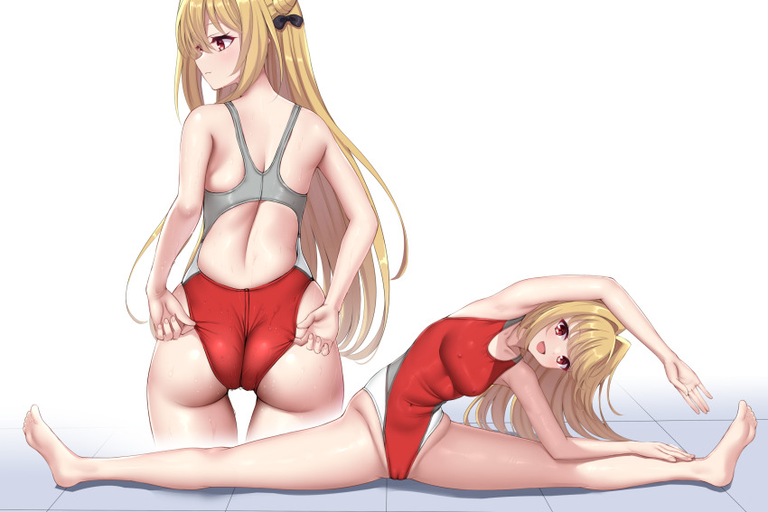 1girl :d adjusting_clothes adjusting_swimsuit alternate_costume armpits ass back bare_arms bare_legs bare_shoulders barefoot black_bow blonde_hair blush bow breasts cameltoe closed_mouth collarbone commentary_request commission competition_swimsuit cone_hair_bun covered_erect_nipples covered_navel cowboy_shot eyelashes eyes_visible_through_hair fang feet fingernails from_behind full_body grey_one-piece_swimsuit groin hair_between_eyes hair_bow hair_bun hair_intakes happy highleg highleg_one-piece_swimsuit highres hikikomari_kyuuketsuki_no_monmon long_hair looking_at_viewer medium_breasts multiple_views ncontrail_(mgax7527) one-piece_swimsuit open_mouth profile red_eyes red_one-piece_swimsuit shiny_skin simple_background skeb_commission skin_fang smile soles spread_legs straight_hair stretching swimsuit terakomari_gandezblood thighs tile_floor tiles toes tsurime two-tone_swimsuit very_long_hair wedgie wet white_background