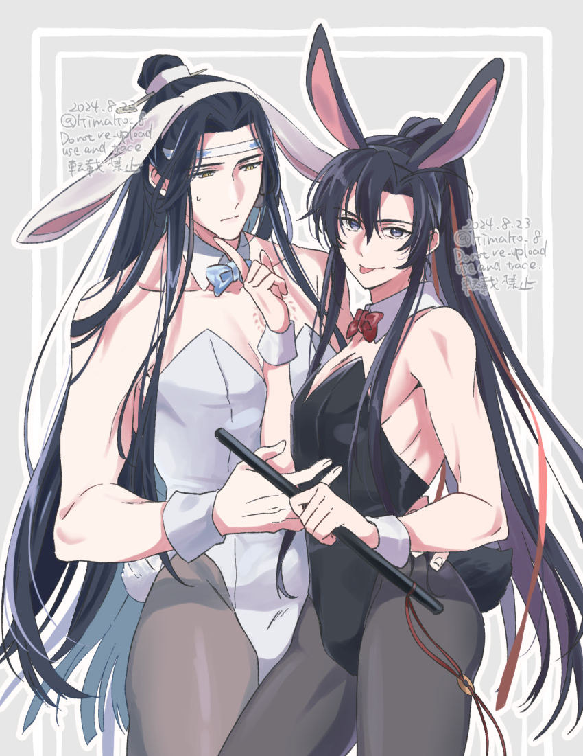 2boys :p alternate_costume animal_ear_hairband animal_ears bare_shoulders black_hair black_leotard black_pantyhose blue_bow blue_bowtie border bow bowtie bulge closed_mouth crossdressing dated detached_collar fake_animal_ears fake_tail flute flute_tassel hair_ribbon hairband hand_on_another&#039;s_chin hand_on_another&#039;s_waist headband highres holding holding_flute holding_instrument inset_border instrument kimako_(kimako_8) lan_wangji leotard long_hair looking_at_viewer male_focus male_playboy_bunny modao_zushi multiple_boys pantyhose pectoral_cleavage pectorals playboy_bunny ponytail purple_eyes rabbit_ears rabbit_tail red_bow red_bowtie red_ribbon ribbon sidelocks smile strapless strapless_leotard sweatdrop tail tassel tongue tongue_out topknot trap twitter_username very_long_hair watermark wei_wuxian white_headband white_leotard wrist_cuffs xiao_guan_(headdress) yaoi yellow_eyes