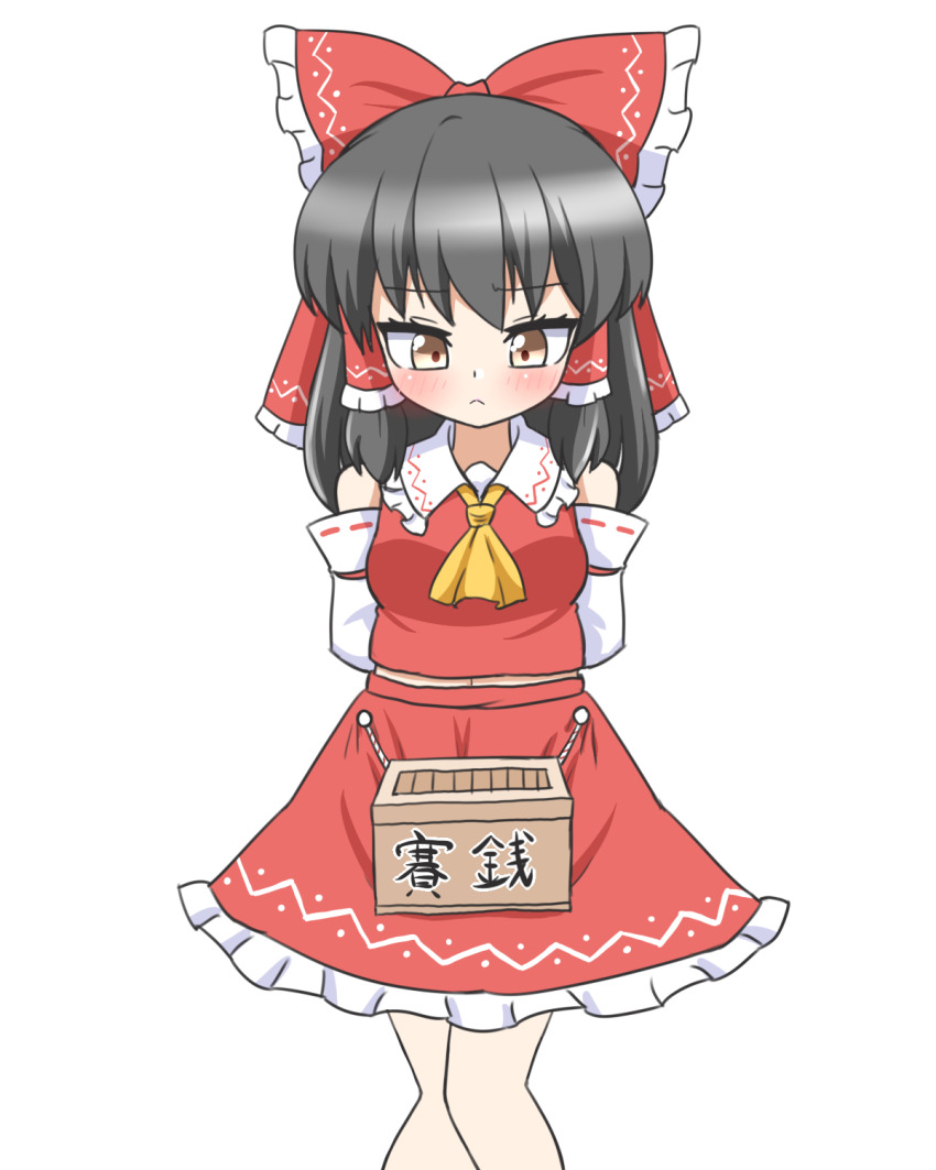 1girl :&lt; arms_behind_back bare_shoulders black_hair blush bow box breasts commentary_request detached_sleeves donation_box feet_out_of_frame frilled_bow frilled_hair_tubes frills furrowed_brow hair_tubes hakurei_reimu highres huge_bow looking_down medium_breasts medium_hair midriff navel nervous red_bow red_shirt red_skirt ribbon_trim rope shirt simple_background skirt skirt_set solo standing touhou translation_request white_background yellow_eyes zenji029