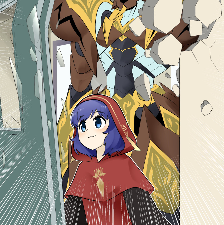 1girl blue_eyes blue_hair breaking_through_wall crack cracked_wall duel_monster glass_shards highres lo_the_prayers_of_the_voiceless_voice meme nokotan_entering_a_classroom_(meme) red_robe robe sawan_cutman shikanoko_nokonoko_koshitantan skull_guardian_protector_of_the_voiceless_voice yu-gi-oh!