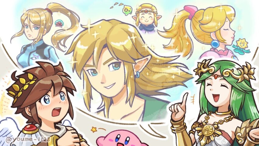 ahoge angel angel_wings blonde_hair blue_eyes blush_stickers brown_hair chain colored_skin gold_chain green_hair kid_icarus kid_icarus_uprising kirby kirby_(series) laurel_crown link mario_(series) metroid metroid_(creature) nintendo open_mouth palutena pink_skin pit_(kid_icarus) pointy_ears ponytail princess_peach princess_peach:_showtime! princess_zelda samus_aran sparkle star_(symbol) stella_(peach) suruga_kanade the_legend_of_zelda the_legend_of_zelda:_echoes_of_wisdom the_legend_of_zelda:_tears_of_the_kingdom tri_(zelda) watermark wings
