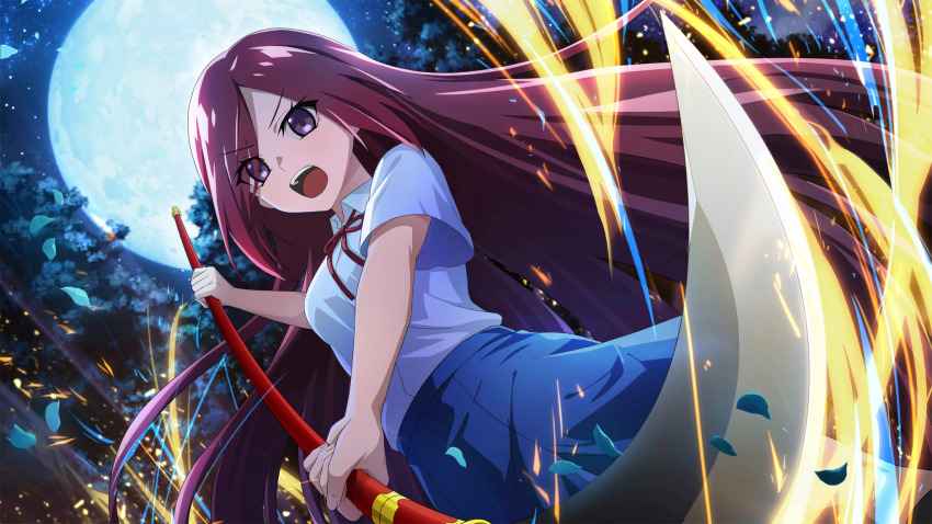 1girl attack_trail aura blue_skirt collared_shirt cowboy_shot dutch_angle eyes_visible_through_hair falling_leaves fisheye foreshortening from_below full_moon game_cg hair_down hair_over_one_eye highres higurashi_no_naku_koro_ni higurashi_no_naku_koro_ni_mei holding holding_polearm holding_weapon leaf long_hair looking_at_viewer miniskirt moon naginata neck_ribbon night non-web_source official_art open_mouth outdoors polearm purple_eyes purple_hair red_ribbon ribbon saionji_miyabi school_uniform shirt short_sleeves skirt solo standing teeth three_quarter_view tree upper_teeth_only v-shaped_eyebrows weapon white_shirt