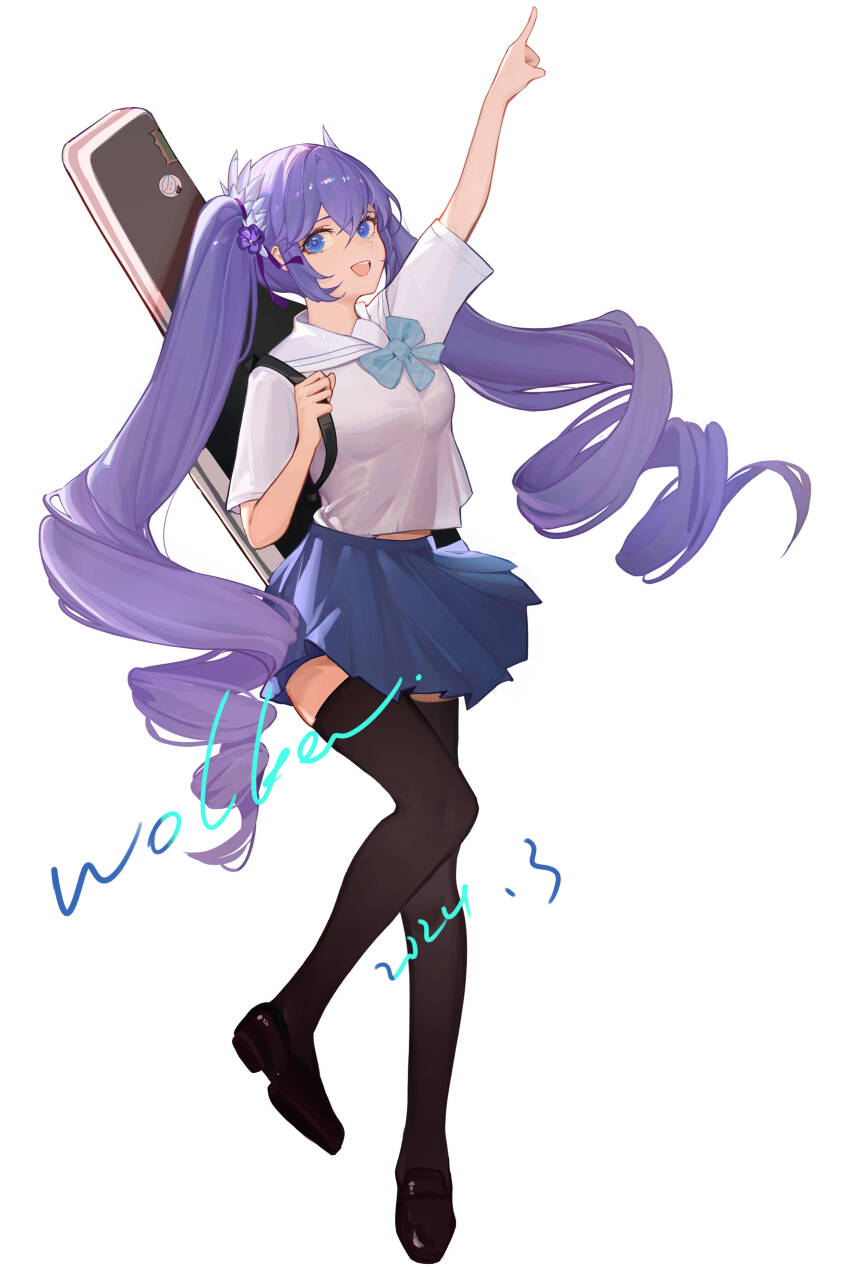 1girl a-soul absurdres ava_(a-soul) blue_bow blue_bowtie blue_eyes blue_skirt bow bowtie breasts brown_shoes brown_thighhighs dated drill_hair flower full_body hair_flower hair_ornament hair_ribbon highres index_finger_raised instrument_case instrument_on_back loafers long_hair looking_at_viewer medium_breasts miniskirt open_mouth pleated_skirt pointing pointing_up purple_flower purple_hair purple_ribbon ribbon sailor_collar school_uniform shirt shoes short_sleeves signature simple_background skirt smile solo standing standing_on_one_leg thighhighs twin_drills twintails un_ke_yukiovo very_long_hair virtual_youtuber white_background white_sailor_collar white_shirt