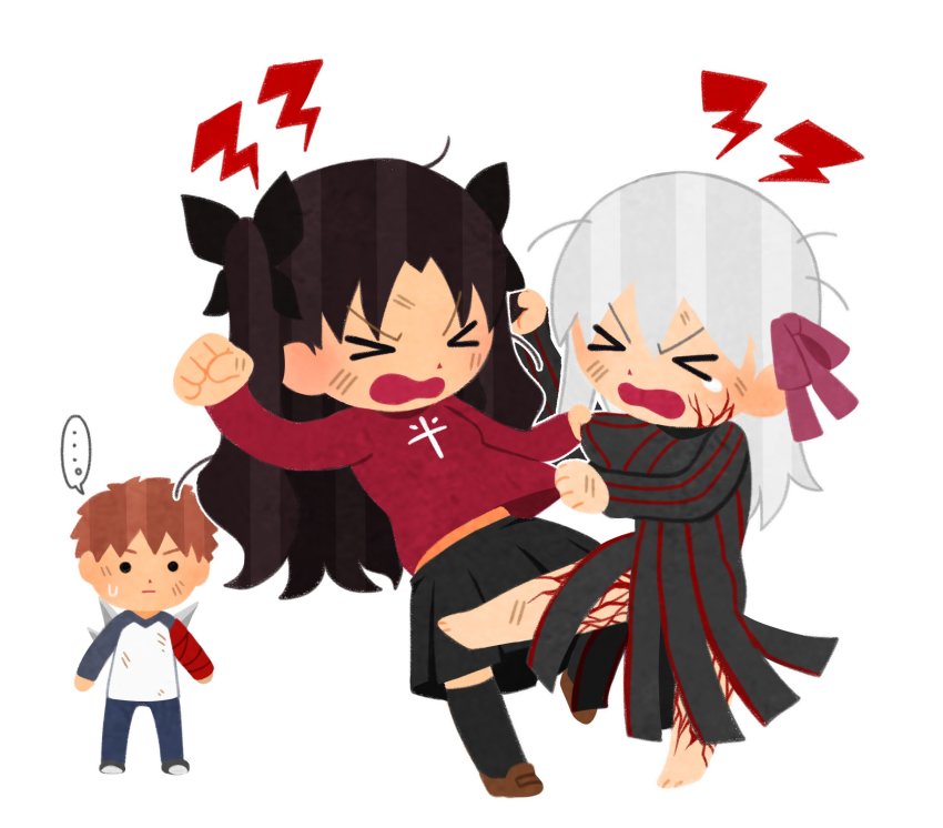 &gt;_&lt; ... 1boy 2girls bandaged_arm bandages catfight chibi closed_eyes dark_sakura dress emiya_shirou fate/stay_night fate_(series) fighting hair_ribbon heaven&#039;s_feel highres jealous long_hair long_sleeves matou_sakura miniskirt multiple_girls open_mouth parody pink_ribbon raglan_sleeves red_hair red_shirt ribbon shirt siblings simple_background sisters skirt spoken_ellipsis style_parody tohsaka_rin tsubuta_hiro turtleneck veins white_background white_hair