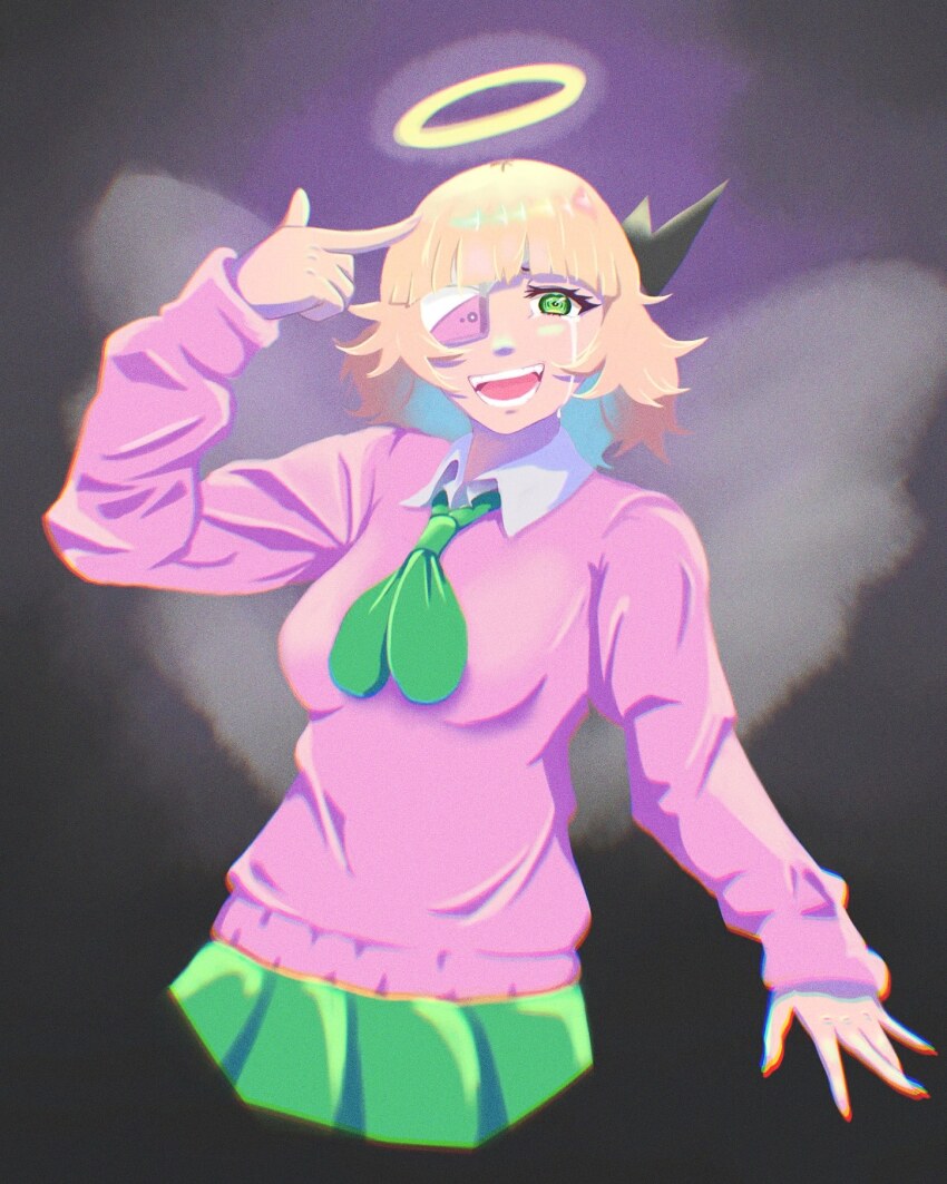 1girl :d angel_wings bandaged_head bandages black_horns blonde_hair blunt_bangs breasts cardigan cellphone collared_shirt cowboy_shot crying crying_with_eyes_open eyepatch fangs finger_gun finger_gun_to_head green_eyes green_neckerchief green_skirt halo hand_up higeji_(higeji404) highres horns long_sleeves looking_at_viewer neckerchief open_mouth phone phone_eyepatch pink_sweater pleated_skirt puffy_sleeves ruru_(shinsei_kamattechan) sad_smile shinsei_kamattechan shirt short_hair simple_background single_horn skirt sleeves_past_wrists small_breasts smile solo standing streaming_tears stuffed_animal stuffed_mouse stuffed_toy sweater tears teeth tongue traditional_halo white_shirt wings