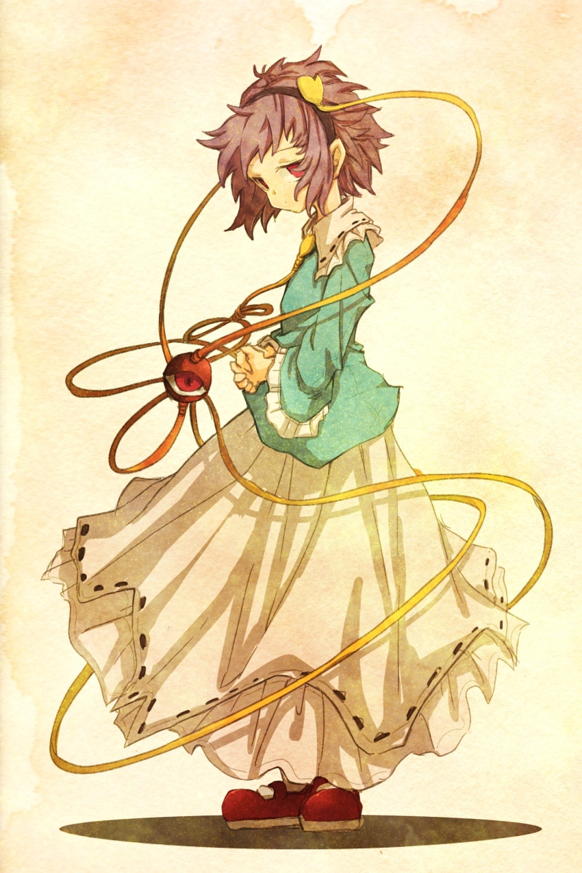 1girl black_hairband blue_shirt collared_shirt commentary_request darjeeling_(reley) eyeball frilled_shirt_collar frills from_side full_body hair_ornament hairband heart heart_hair_ornament highres komeiji_satori long_sleeves looking_at_viewer medium_hair own_hands_together pink_hair red_eyes red_shoes ribbon-trimmed_collar ribbon-trimmed_skirt ribbon_trim shirt shoes skirt solo third_eye touhou white_skirt wide_sleeves