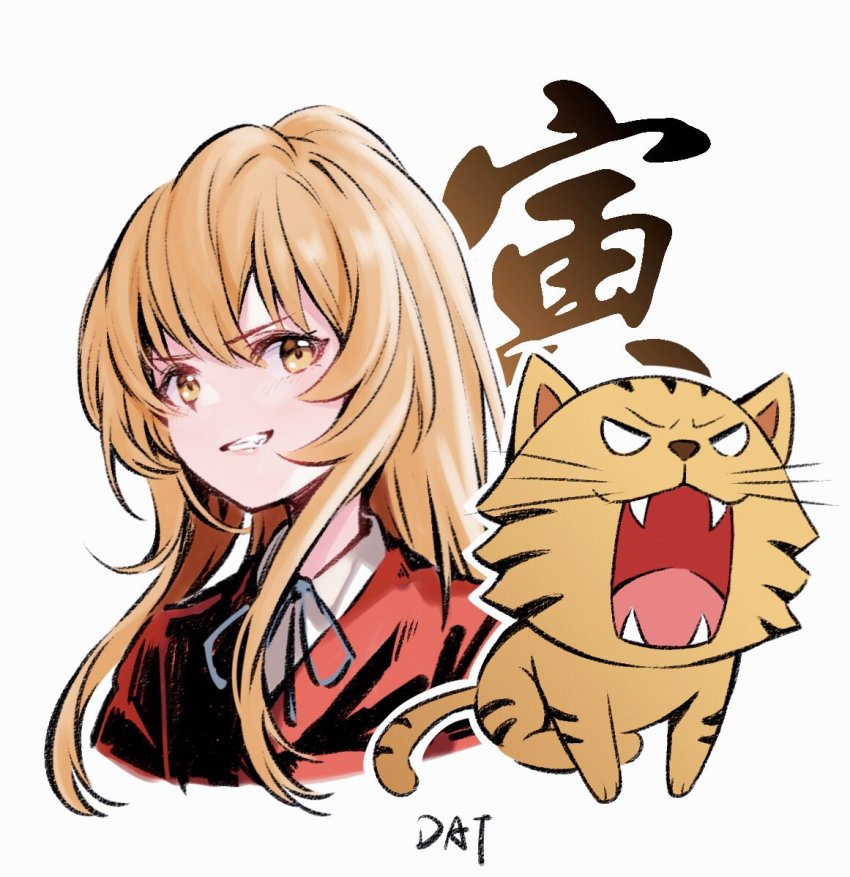 1girl aisaka_taiga blazer blonde_hair commentary_request cropped_torso da-cart grin jacket long_hair looking_at_viewer palmtop_tiger red_jacket signature simple_background smile solo tiger toradora! translation_request upper_body white_background yellow_eyes