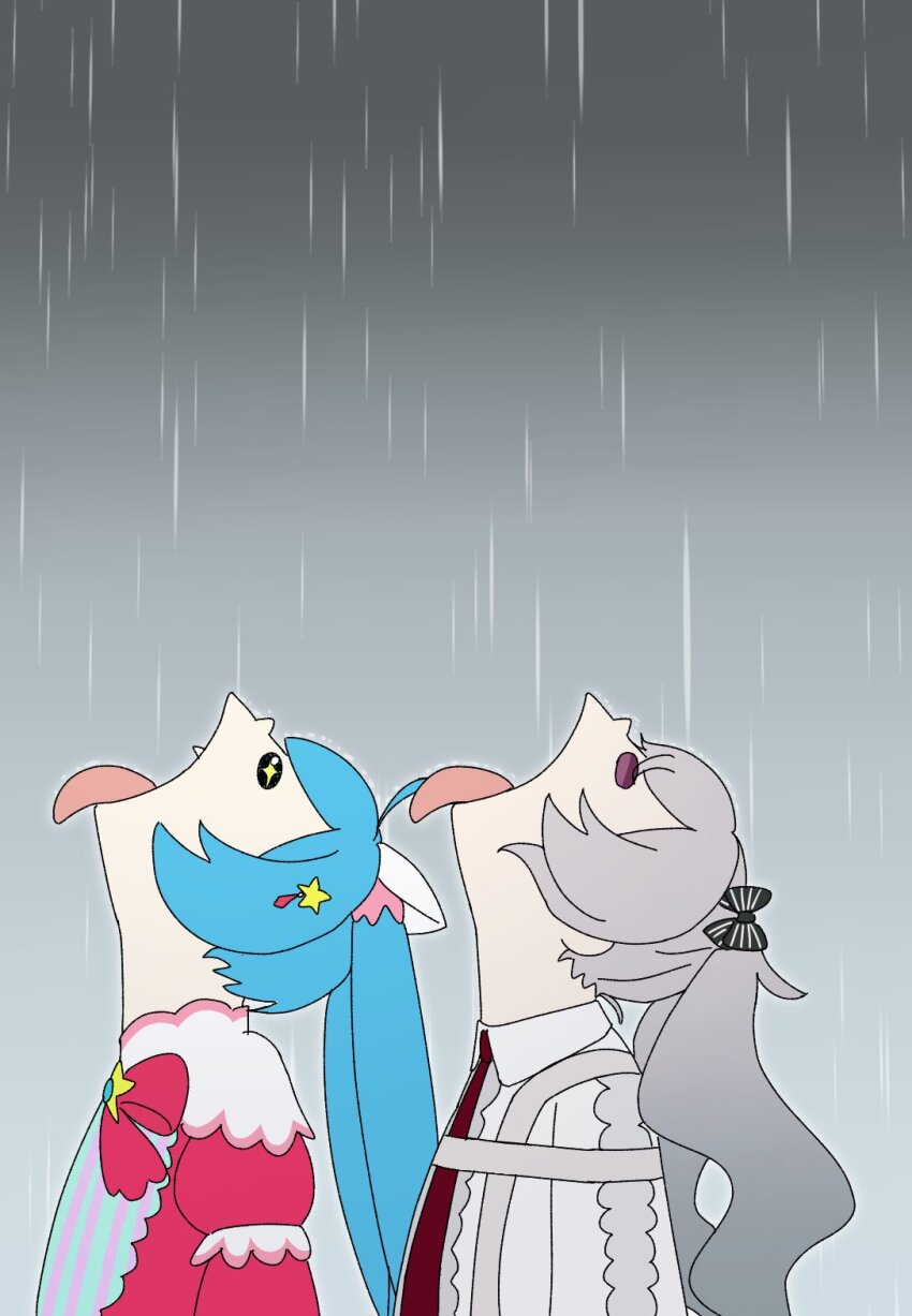 25-ji_miku 25-ji_nightcord_de._(project_sekai) 2girls black_eyes bloomers chest_harness dress facing_up from_side goku_and_vegeta_in_the_rain_(meme) grey_hair grey_sky hair_ornament harness hatsune_miku highres kare08118892607 looking_up meme multiple_girls multiple_persona nail_polish necktie open_mouth overcast project_sekai rain red_bloomers skirt sky sparkling_eyes striped_clothes striped_dress tongue tongue_out underwear vertical-striped_clothes vertical-striped_dress vocaloid wonderlands_x_showtime_(project_sekai) wonderlands_x_showtime_miku