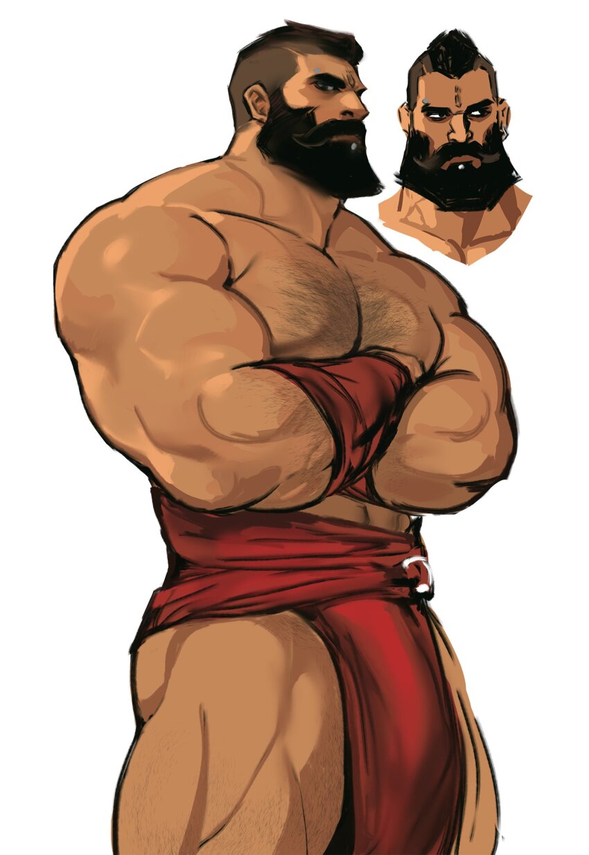 1boy arcane:_league_of_legends bara beard black_hair bulge chest_hair cowboy_shot cropped_shoulders crossed_arms dopey_(dopq) eyebrow_piercing face_piercing facial_hair highres labret_piercing large_pectorals league_of_legends leg_hair looking_at_viewer looking_to_the_side male_focus manly mature_male mohawk multiple_views muscular muscular_arms muscular_legs muscular_male pectorals piercing rictus_(arcane) simple_background thick_beard thick_eyebrows thick_neck thighs topless_male white_background