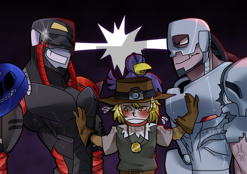 andromon beak bird blonde_hair blush crown digimon digimon_(creature) fang hat hiandromon highres nohemon smile wings