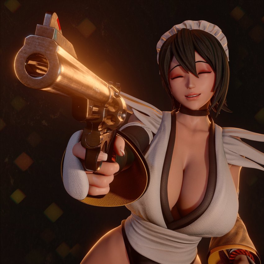 1girl 20s 3d black_hair black_unitard bouquetman breasts cleavage closed_eyes collar female_focus gloves gun hair_between_eyes handgun happy headress highleg highleg_leotard highres holding holding_gun holding_revolver holding_weapon iroha_(samurai_spirits) japanese_clothes kimono large_breasts leotard lips maid maid_headdress meme parted_lips revolver samurai_spirits short_hair short_kimono smile snk solo standing unitard weapon what white_gloves white_kimono wide_hips