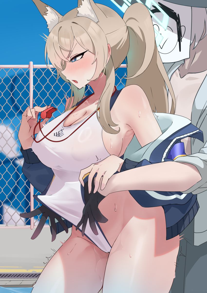 1boy 1girl absurdres animal_ears billmors blonde_hair blue_archive blue_eyes blush breasts cleavage competition_swimsuit contrapposto covered_erect_nipples dog_ears dog_girl doodle_sensei_(blue_archive) frontal_wedgie giving_wedgie heart heart-shaped_pupils highres kanna_(blue_archive) kanna_(swimsuit)_(blue_archive) large_breasts one-piece_swimsuit paid_reward_available ponytail pulling_another&#039;s_clothes sensei_(blue_archive) sideboob solo_focus standing swimsuit symbol-shaped_pupils twitching wedgie whistle