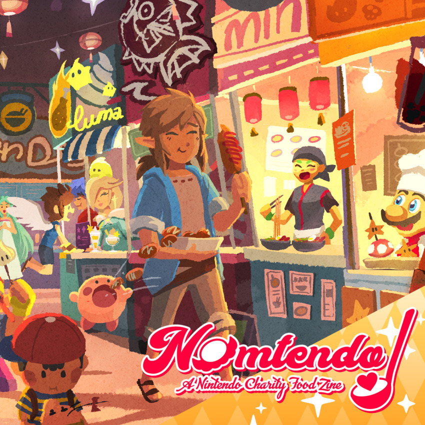 3girls 5boys angel_wings arms_(game) baseball_cap bettykwong blouse blue_hoodie brown_hair character_name chef_hat chicken_(food) doseisan eating english_text fire fire_emblem food food_stand fried_chicken garlic gen_1_pokemon green_hair hat highres hood hoodie ice_cream ike_(fire_emblem) kid_icarus kirby lantern link luma_(mario) magikarp mario mario_(series) min_min_(arms) mother_(series) mother_2 multiple_boys multiple_girls mushroom ness_(mother_2) nintendo noodles palutena paper_lantern pit_(kid_icarus) pointy_ears pokemon pokemon_(creature) ramen red_headwear rosalina shirt star_(symbol) striped_clothes striped_shirt super_mario_galaxy super_smash_bros. the_legend_of_zelda the_legend_of_zelda:_breath_of_the_wild wario warioware wings