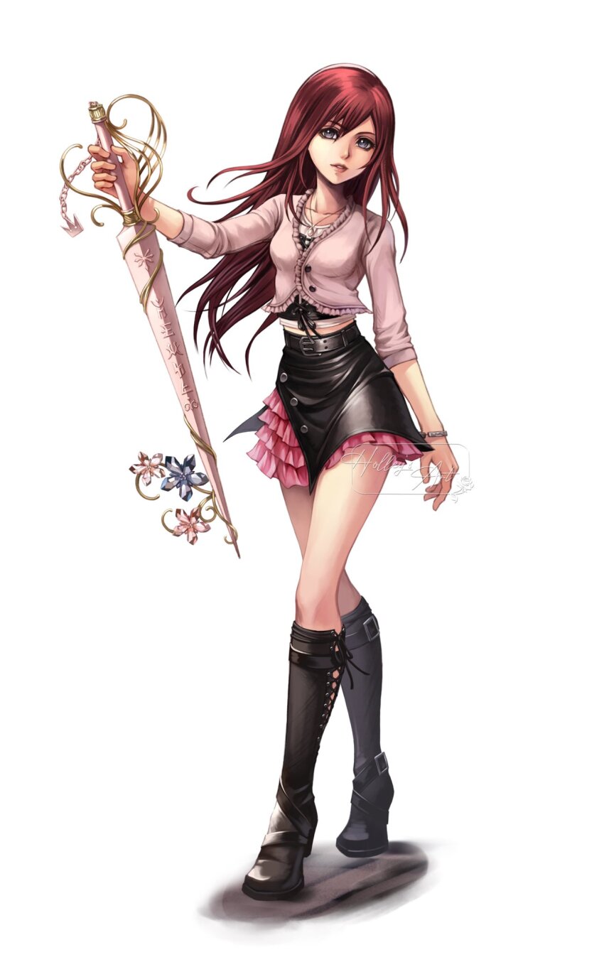 1girl alternate_costume alternate_hairstyle artist_name belt belt_buckle black_belt black_boots black_skirt blue_eyes boots buckle commentary english_commentary floating_hair frilled_skirt frills full_body highres holding holding_weapon hollypolllyy jacket kairi_(kingdom_hearts) keyblade kingdom_hearts kingdom_hearts_iv lips long_hair looking_at_viewer parted_lips pink_jacket pink_lips red_hair simple_background skirt solo weapon white_background