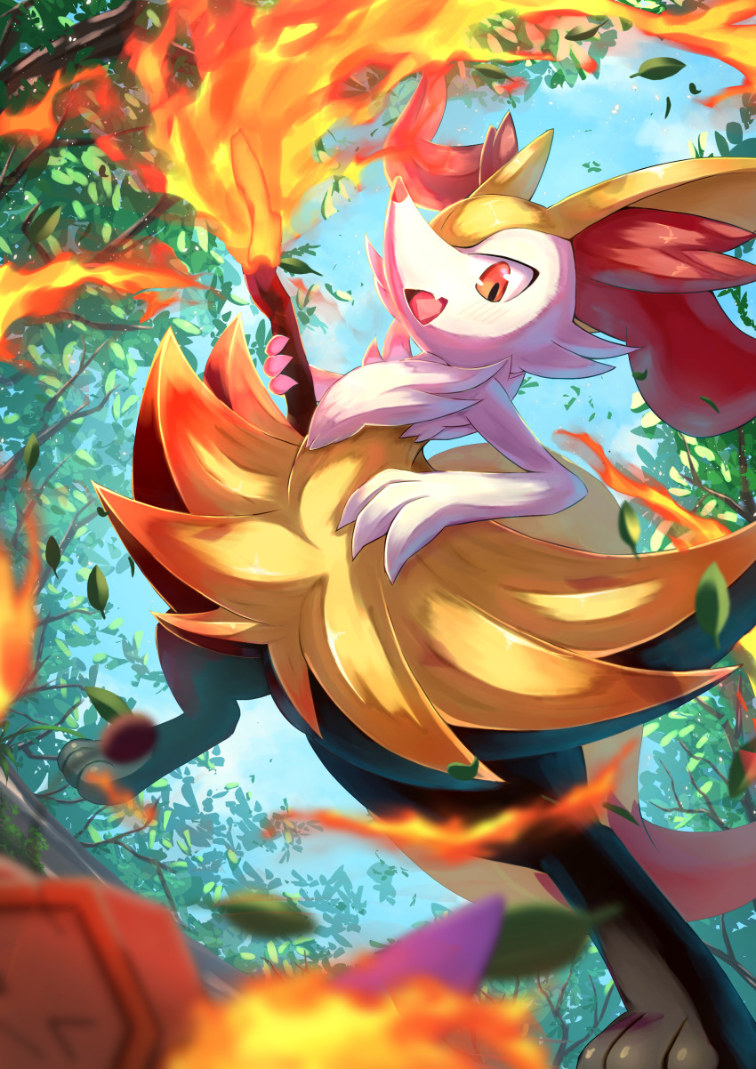absurdres animal_ear_fluff animal_ears animal_nose black_fur blurry blush braixen burning cloud cloudy_sky combee day depth_of_field digitigrade fang fire foliage fox_ears full_body furry gen_4_pokemon gen_6_pokemon highres holding holding_stick leaf looking_at_viewer midair multicolored_fur nintendo open_mouth orange_eyes outdoors pokemon pokemon_(creature) red_fur red_nose ririri_(user_rkrv7838) sideways_mouth skin_fang sky slit_pupils smile solo_focus stick tree tsurime white_fur yellow_fur