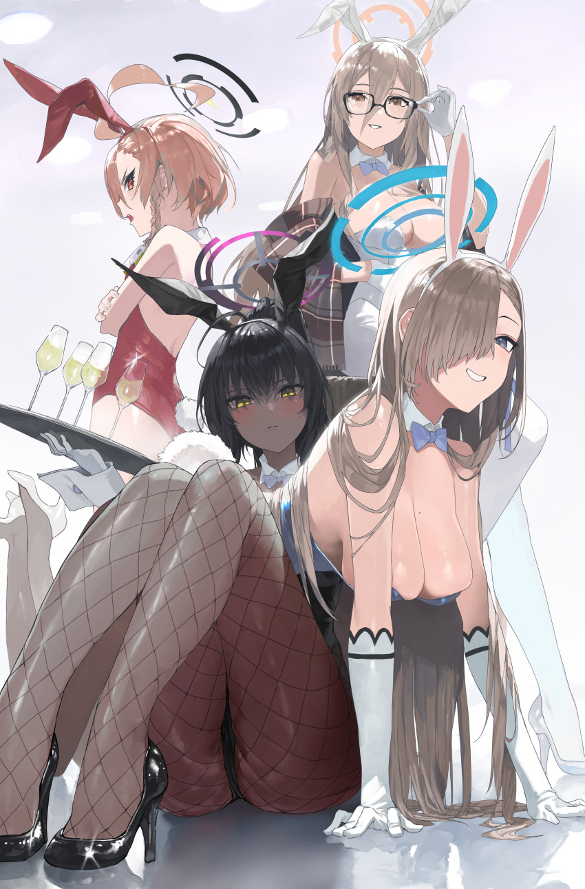 024th 4girls absurdres adjusting_eyewear akane_(blue_archive) akane_(bunny)_(blue_archive) all_fours animal_ears asuna_(blue_archive) asuna_(bunny)_(blue_archive) black_footwear black_hair blue_archive blue_bow blue_bowtie blue_eyes blue_leotard bow bowtie breasts brown_eyes closed_mouth cup dark-skinned_female dark_skin detached_collar drinking_glass elbow_gloves fake_animal_ears fishnet_pantyhose fishnets glasses gloves hair_between_eyes hair_over_one_eye halo hanging_breasts high_heels highres karin_(blue_archive) karin_(bunny)_(blue_archive) knees_up large_breasts leotard light_brown_hair long_hair mole mole_on_breast multiple_girls neru_(blue_archive) neru_(bunny)_(blue_archive) official_alternate_costume open_mouth orange_hair pantyhose parted_lips playboy_bunny rabbit_ears rabbit_tail red_eyes red_leotard simple_background sitting smile standing strapless strapless_leotard tail tiered_tray very_long_hair white_background white_gloves white_leotard wrist_cuffs yellow_eyes