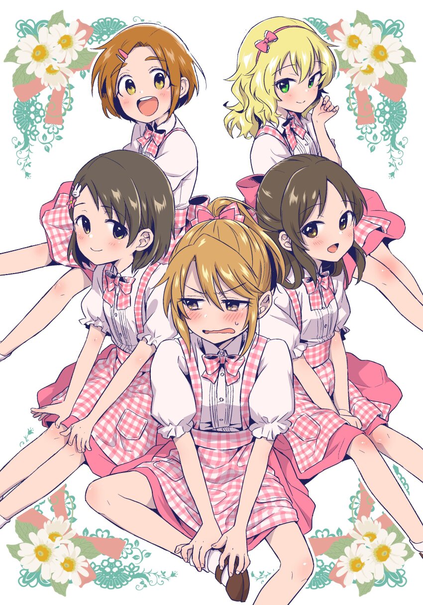 5girls :d absurdres apron blonde_hair blush bow bowtie brown_eyes brown_footwear brown_hair collared_shirt flower gingham_apron green_eyes hair_bow hair_flower hair_ornament highres idolmaster idolmaster_cinderella_girls kobeya_uniform long_hair looking_at_viewer multiple_girls open_mouth orange_hair pink_bow pink_bowtie pink_skirt ponytail puffy_short_sleeves puffy_sleeves rabbit_hair_ornament ryuzaki_kaoru sakurai_momoka sasaki_chie shirt short_hair short_sleeves sitting skirt smile socks tachibana_arisu teeth tsumumi_(kandume103) upper_teeth_only waitress white_background white_shirt white_socks yuuki_haru