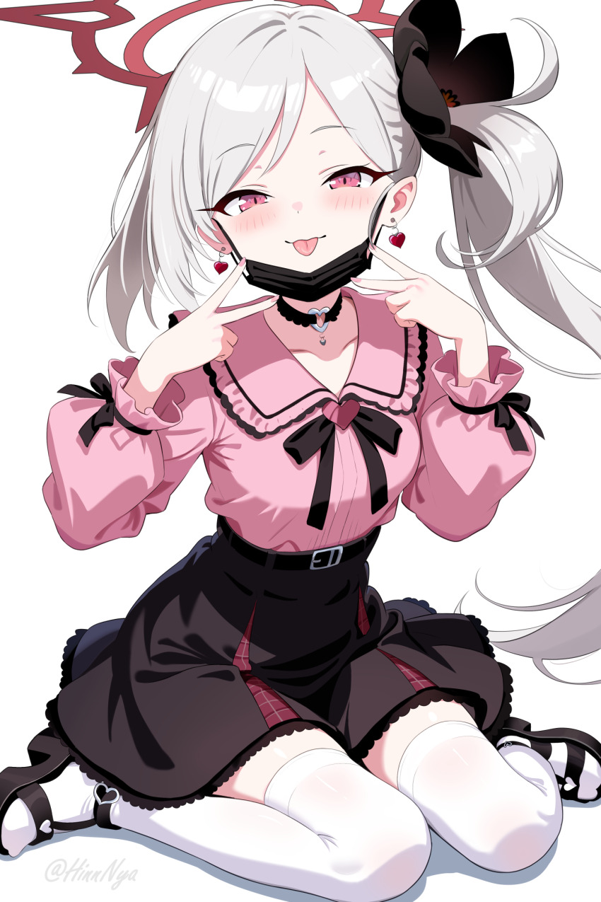 1gen_sinkun 1girl alternate_costume black_mask black_scrunchie black_shoes black_skirt blue_archive blush double_v earrings grey_hair hair_ornament hair_scrunchie heart heart_earrings high-waist_skirt highres jewelry jirai_kei long_hair looking_at_viewer mutsuki_(blue_archive) pink_shirt pointy_ears purple_eyes scrunchie shirt shoes side_ponytail sitting skirt solo thighhighs tongue tongue_out v wariza white_thighhighs