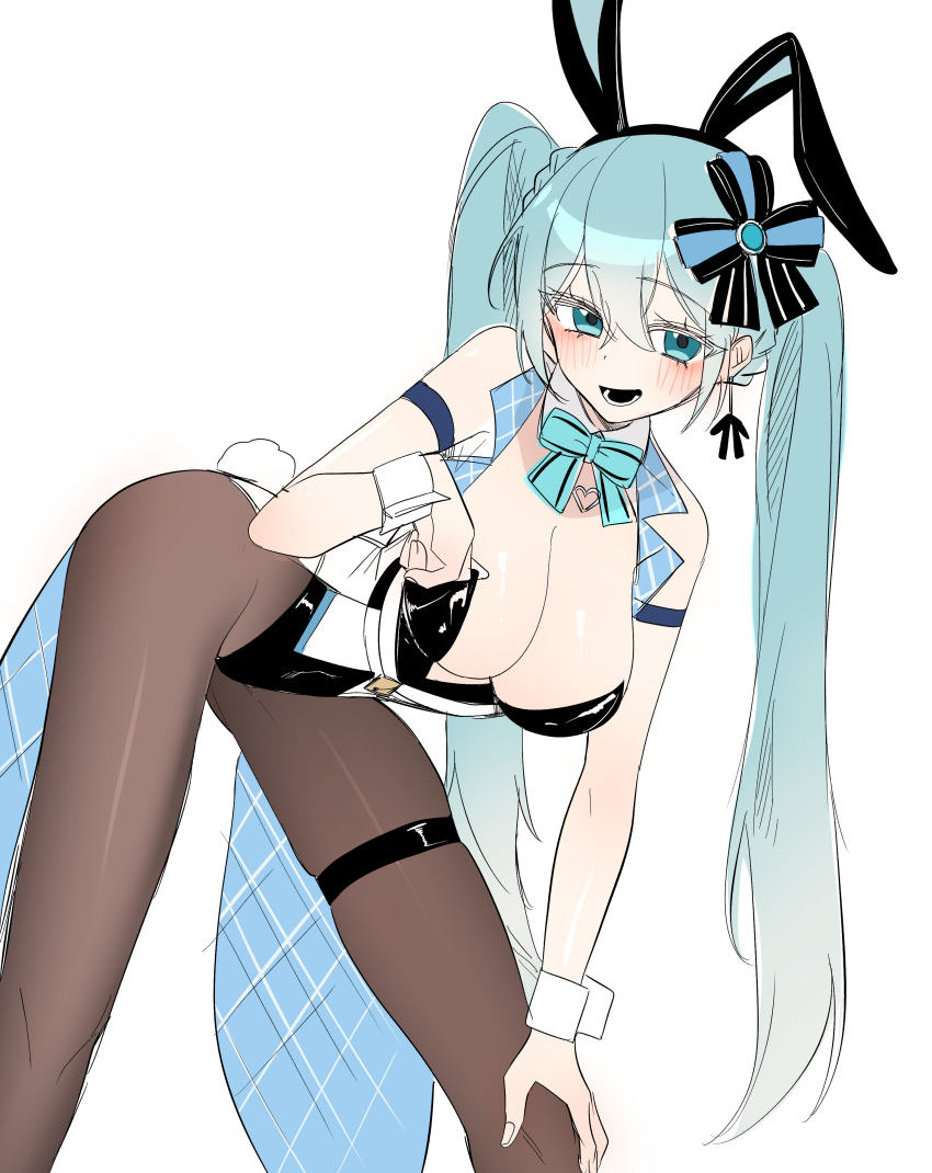 1girl absurdres animal_ears aqua_hair arm_strap bare_shoulders bent_over black_leotard black_survival blue_eyes bow bowtie breasts brown_pantyhose cleavage detached_collar emma_hardy eternal_return:_black_survival fake_animal_ears fake_tail highleg highleg_leotard highres large_breasts leotard long_hair looking_at_viewer moonb3702 official_alternate_costume open_mouth pantyhose playboy_bunny rabbit_ears rabbit_tail simple_background skindentation smile solo standing strapless strapless_leotard tail tailcoat thigh_strap twintails unfinished very_long_hair white_background wrist_cuffs