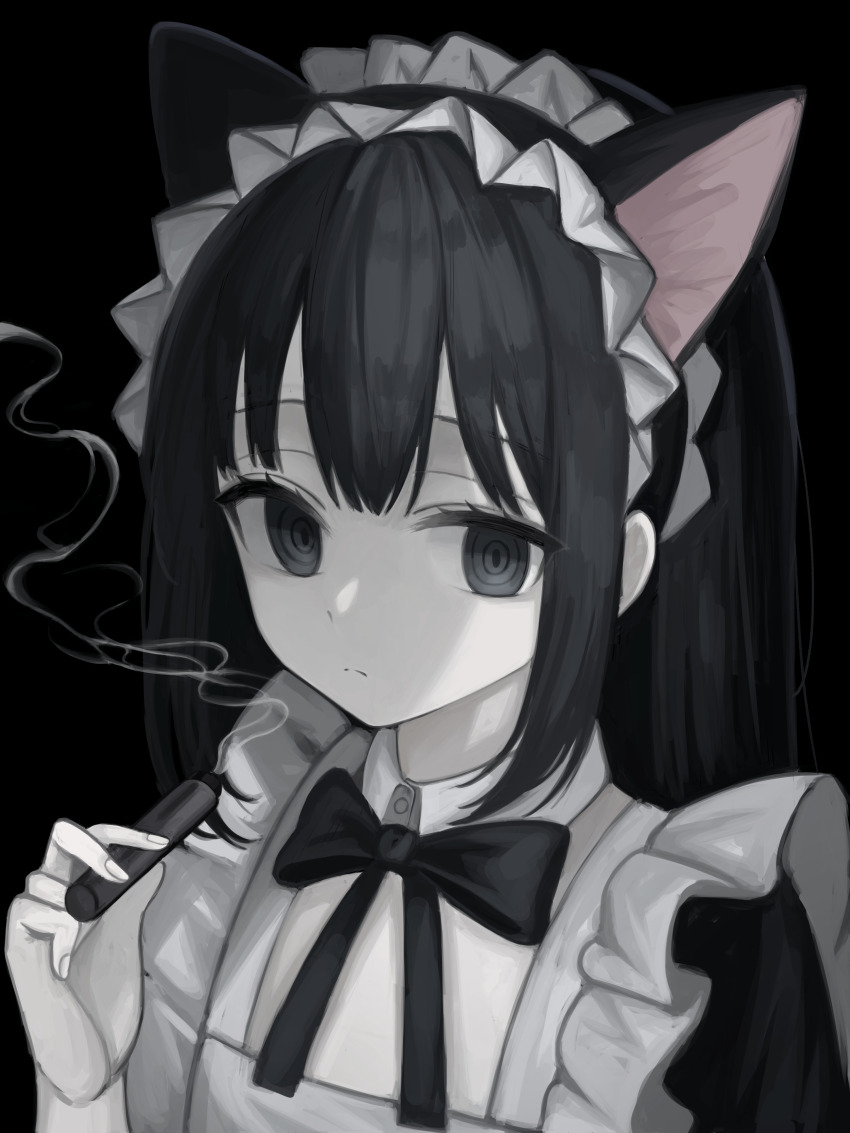 1girl @_@ absurdres animal_ears apron black_background black_eyes black_hair black_ribbon black_theme cat_ears cigar close-up colored_inner_animal_ears commentary_request dot_nose fake_animal_ears frilled_apron frilled_hairband frilled_headband frills hairband highres holding holding_cigar kkamkkam korean_commentary light_frown long_hair long_sidelocks looking_at_viewer maid monochrome muted_color neck_ribbon original ribbon sidelocks simple_background smoke smoke_trail smoking solo spot_color twintails upper_body white_apron