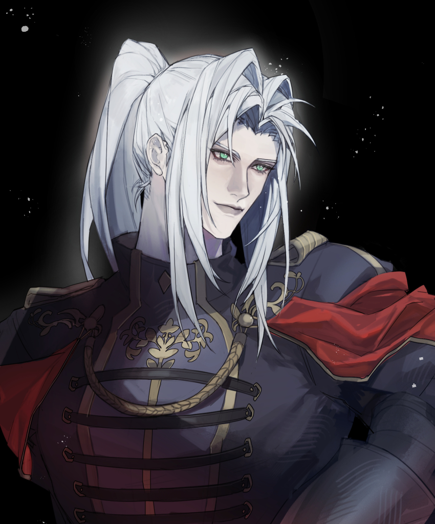 1boy aiguillette alternate_hairstyle black_background black_gloves black_jacket chinese_commentary commentary_request elbow_gloves final_fantasy final_fantasy_vii final_fantasy_vii_ever_crisis gloves green_eyes grey_hair grey_lips high_collar highres jacket light_smile long_bangs long_hair looking_to_the_side male_focus military_jacket military_uniform official_alternate_costume parted_bangs ponytail rainwangt sephiroth sephiroth_(shinra_formal_uniform) shoulder_boards slit_pupils