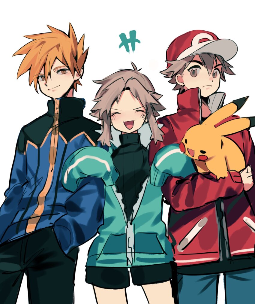 +++ 1girl 2boys ^_^ adapted_costume ahoge aqua_jacket arm_hug baseball_cap black_jacket black_pants black_shorts black_sweater blue_jacket blue_oak blue_oak_(sygna_suit) blue_pants blush brown_eyes brown_hair chinese_commentary closed_eyes commentary_request cowboy_shot double_arm_hug gen_1_pokemon hair_flaps hand_in_pocket hat high_collar highres holding holding_pokemon jacket ki2ri5 leaf_(pokemon) leaf_(sygna_suit)_(pokemon) light_smile long_sleeves medium_hair multicolored_jacket multiple_boys nintendo orange_hair pants parted_bangs partially_unzipped pikachu pokemon pokemon_(creature) pokemon_masters_ex red_(pokemon) red_(sygna_suit)_(pokemon) red_hat red_jacket ribbed_sweater short_hair shorts sidelocks sleeves_past_fingers sleeves_past_wrists spiked_hair sweater track_jacket turtleneck turtleneck_sweater