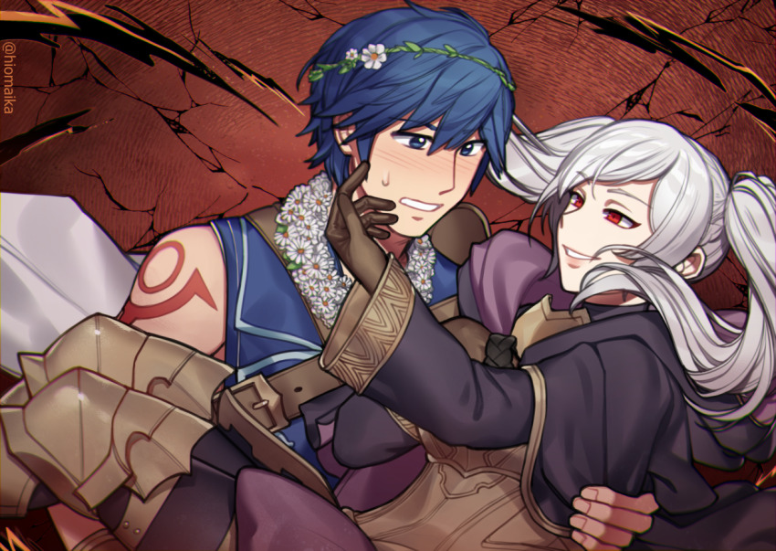 1girl arm_tattoo armored_boots blue_eyes blue_hair boots breasts brown_eyes brown_gloves carrying chrom_(fire_emblem) coat collarbone corruption dark_persona day evil_smile eyelashes female_focus female_robin_(fire_emblem) female_robin_(grandmaster)_(fire_emblem) fingerless_gloves fingernails fire_emblem fire_emblem_awakening fire_emblem_heroes floating_hair flower gloves grima_(fire_emblem) hair_flower hair_ornament hand_on_another&#039;s_face hiomaika hood hooded_coat intelligent_systems lifting_person lips long_hair long_sleeves looking_at_another matching_hair/eyes medium_breasts muscular_arms neck nintendo official_alternate_costume open_clothes open_coat outdoors pale_skin parted_lips possessed possession princess_carry red_eyes sidelocks smile smirk swept_bangs tattoo thigh_boots twintails white_hair wide_sleeves