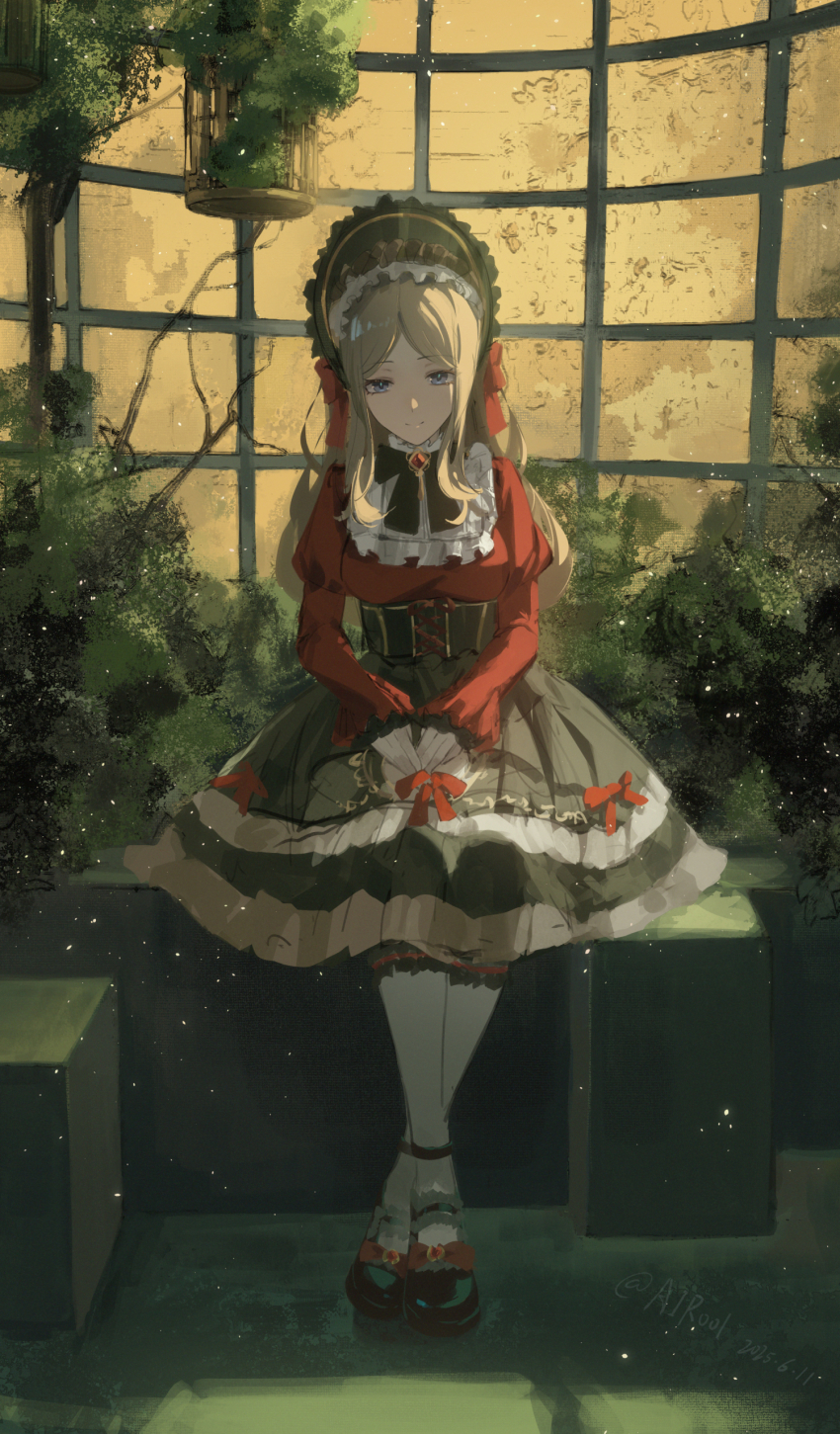 1girl absurdres airool ankle_strap bang_dream! bang_dream!_it&#039;s_mygo!!!!! birdcage black_bow black_corset black_dress black_shoes blue_eyes bonnet bow branch breasts brown_hair bush cage chinese_commentary closed_mouth collar commentary_request corset cross-laced_clothes cross-laced_corset crossed_legs dated dress dress_bow footwear_bow frilled_bonnet frilled_collar frilled_dress frilled_sleeves frilled_socks frills full_body grey_collar grey_socks hat hat_bow highres indoors juliet_sleeves kneehighs layered_dress light_particles long_hair long_sleeves looking_at_viewer mary_janes nagasaki_soyo official_alternate_costume parted_bangs puffy_sleeves red_bow red_brooch red_dress red_ribbon ribbon shoes sidelighting sleeves_past_wrists smile socks solo standing two-tone_dress weibo_username white_socks window yellow_background