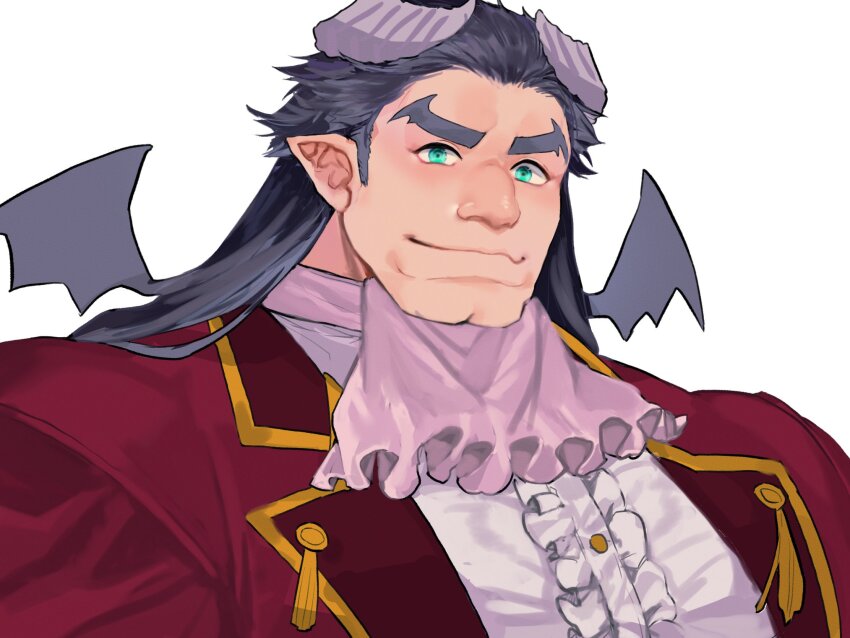1boy bara bat_wings cleft_chin closed_mouth commentary demon_boy demon_horns frilled_shirt frills green_eyes hair_slicked_back highres horns ascot jacket lapels long_hair looking_at_viewer lucifuge_(housamo) male_focus muscular muscular_male peaked_lapels pointy_ears purple_hair red_jacket shiratori_yokikana shirt simple_background smile solo thick_eyebrows tokyo_houkago_summoners upper_body white_background wings