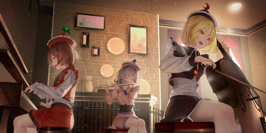 3girls :d black_headwear black_skirt black_vest blonde_hair blue_hair bow_(music) brick_wall brown_eyes brown_hair ceiling_light cello closed_mouth collared_shirt collared_vest curtains drawing_(object) fingernails fireplace flute frilled_shirt_collar frilled_sleeves frills hat highres holding holding_bow_(music) holding_instrument indoors instrument long_sleeves lunasa_prismriver lyrica_prismriver medium_hair merlin_prismriver multiple_girls music nail_polish non-web_source official_art open_mouth piano pink_headwear pink_nails pink_shirt pink_skirt playing_instrument red_headwear red_skirt red_vest saraki second-party_source shirt short_hair siblings sisters skirt sleeve_cuffs smile stool teeth touhou touhou_lostword upper_teeth_only upright_piano vest white_shirt yellow_eyes