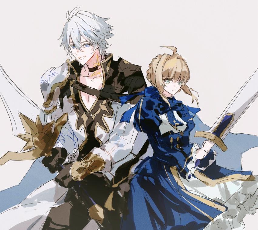 1boy 1girl ahoge armor armored_dress artoria_pendragon_(fate) black_choker black_gloves black_pants blonde_hair blue_dress blue_eyes choker commentary_request crossover d-aprken dress fate/stay_night fate_(series) gloves green_eyes highres holding holding_sword holding_weapon honkai:_star_rail honkai_(series) jacket neck_tattoo pants phainon_(honkai:_star_rail) saber_(fate) saber_(honkai:_star_rail)_(fate) short_hair simple_background sword tattoo textless_version weapon white_background white_hair white_jacket