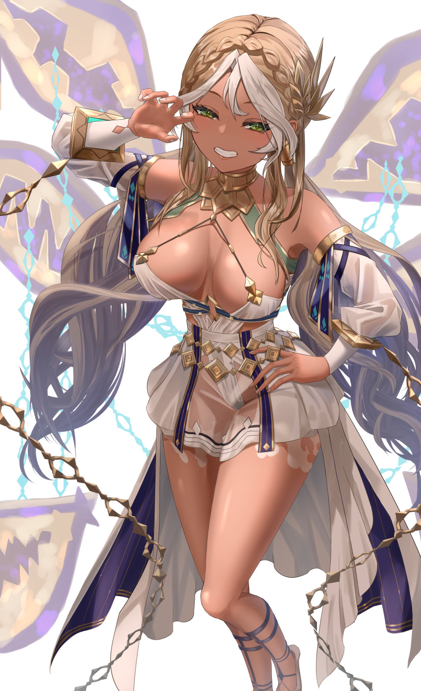 1girl absurdres andromeda_(fate) andromeda_(first_ascension)_(fate) armlet bare_shoulders blonde_hair braid breasts chain cleavage collar crown_braid cuffs dark-skinned_female dark_skin dress fate/grand_order fate_(series) gold_teeth green_eyes grin highres jaws jewelry large_breasts long_hair looking_at_viewer metal_collar shackles smile solo thighs warp226 white_dress white_hair